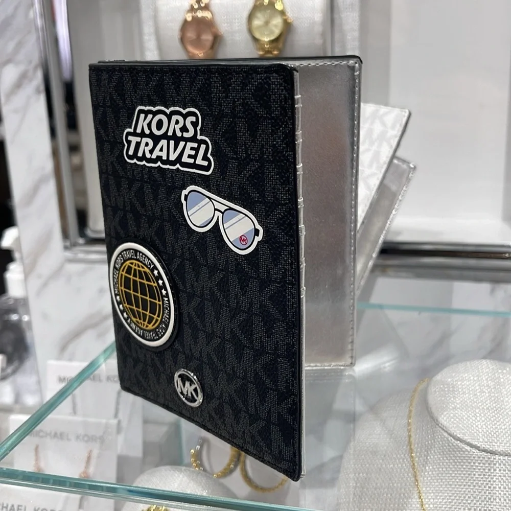 Michael Kors Jet Set Travel Md Embellished Signature Logo Passport Case Black